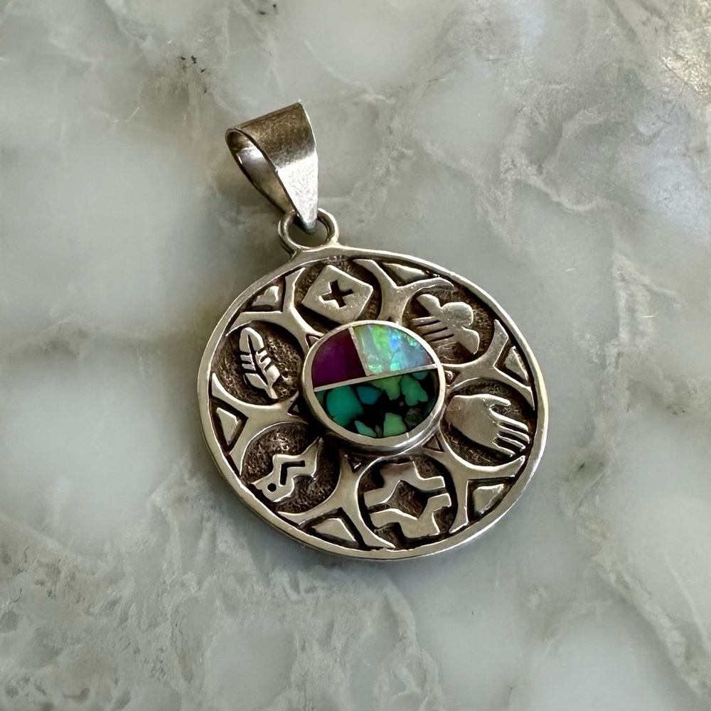 Sterling Silver Peruvian Inlay Round Pendant - Women Jewelry